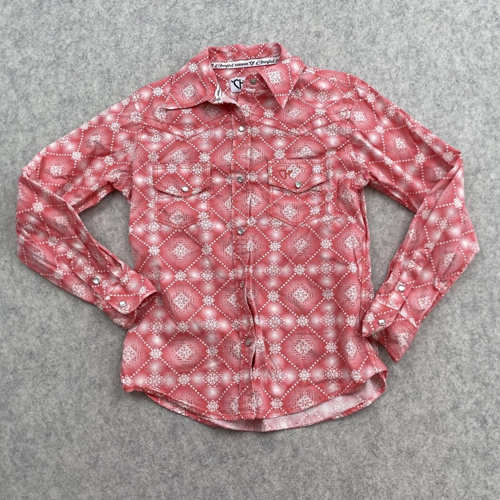 Cowgirl Hardware Shirt Girls M 7/8 Pink Geometric Western Snap Long Sleeve Top
